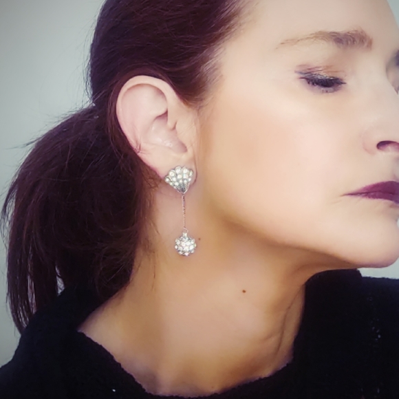 Vintage Silver & Rhinestone Ball Drop Art Deco Earrings - Picture 5 of 8